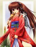  brown_hair cat fan furisode japanese_clothes kimono little_busters!! long_hair na-ga natsume_rin red_eyes 