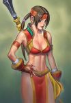 1girl abs armlet breasts brown_eyes brown_hair cleavage crop_top earrings fingerless_gloves glaive gloves hair_tubes halberd hand_on_hip headband jewelry lips midriff multi-tied_hair nose pelvic_curtain polearm ponytail sarong seong_mi-na solo soul_calibur soulcalibur_ii toned weapon 