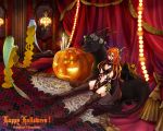 1girl black_cat braid candle cape cat ghost halloween happy_halloween horns jack-o&#039;-lantern karakuri_chouchou koaki original pumpkin thigh-highs 