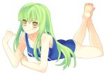  1girl :t barefoot c.c. code_geass eating face feet food food_on_face green_hair long_hair lying on_stomach one-piece_swimsuit shinonome solo swimsuit yellow_eyes 