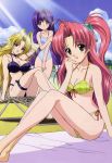  00s 3girls absurdres bikini blonde_hair breasts brown_eyes casual_one-piece_swimsuit choker highres kamishiro_rin kazetsubaki_kuriko large_breasts long_hair maburaho miyama_yuuna multiple_girls one-piece_swimsuit pink_hair purple_hair red_eyes sitting swimsuit thigh_strap very_long_hair violet_eyes 