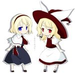  2girls alice_margatroid apron arms_at_sides bangs black_bow black_shoes blonde_hair blue_dress blue_eyes bow braid capelet chibi dress female full_body hair_bow hairband hat hat_bow kirisame_marisa legs_apart light_frown long_hair mary_janes multiple_girls necktie puffy_short_sleeves puffy_sleeves red_eyes red_necktie sakuraba_yuuki sash shirt shoes short_hair short_sleeves simple_background single_braid skirt socks standing swept_bangs touhou vest waist_apron white_apron white_background white_bow white_legwear white_shirt witch witch_hat 