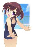  1girl :o brown_hair chain-link_fence child clouds fence frame glasses hair_bobbles hair_ornament lens_flare looking_back one-piece_swimsuit open_mouth original otoutogimi outstretched_arms pool school_swimsuit simple_background solo swimsuit twintails violet_eyes white_background 