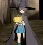  1girl 3d cel_shading halloween hat hokusen jack-o&#039;-lantern nagato_yuki pumpkin school_uniform serafuku solo suzumiya_haruhi_no_yuuutsu witch witch_hat 