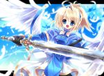  1girl :d blonde_hair blue_eyes capura_lin feathers gloves open_mouth original short_hair sky smile solo sword weapon wings 