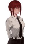  1girl @_@ arms_behind_back bangs belt black_necktie black_neckwear braid braided_ponytail breasts business_suit chainsaw_man formal highres ige_d long_hair looking_at_viewer makima_(chainsaw_man) medium_breasts necktie office_lady ringed_eyes shirt_tucked_in solo suit white_belt yellow_eyes 