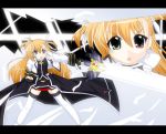  1girl blonde_hair cosplay fate_testarossa fate_testarossa_(cosplay) heterochromia letterboxed lyrical_nanoha mad_(hazukiken) mahou_shoujo_lyrical_nanoha mahou_shoujo_lyrical_nanoha_strikers md5_mismatch orange_hair solo sword thigh-highs vivio weapon zettai_ryouiki zoom_layer 