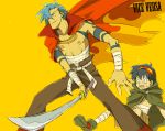  2boys bandage blue_hair bodypaint cape cloak goggles goggles_on_head kamina katana male_focus multiple_boys sarashi shorts simon sketch sword tengen_toppa_gurren_lagann weapon 