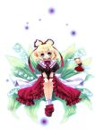  1girl bad_id blonde_hair blue_eyes capura_lin doll dress female flying full_body leaf looking_at_viewer medicine_melancholy puffy_short_sleeves puffy_sleeves red_dress short_hair short_sleeves simple_background sitting size_difference solo su-san touhou white_background wings 