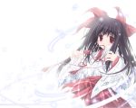  1girl black_hair blush japanese_clothes long_hair miko mouth_hold original red_hakama ribbon solo tenmu_shinryuusai 