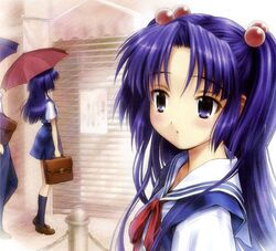  1girl clannad goto_p hair_bobbles hair_ornament ichinose_kotomi school_uniform serafuku two_side_up umbrella 