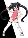  1girl ;d animal_ears black_background black_hair black_ribbon blush cat_ears chirorian choker full_body hair_ribbon hand_on_hip kooh leotard long_hair looking_at_viewer one_eye_closed open_mouth pangya red_eyes ribbon shoes sidelocks smile solo spread_legs standing thigh-highs twintails white_background white_legwear wink 
