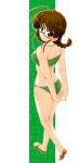  1girl ahoge akizuki_ritsuko back bikini braid breasts brown_eyes brown_hair chogenbo_musasiya glasses idolmaster looking_back musashiya_chougenbou simple_background smile solo swimsuit twin_braids 