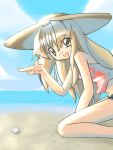  1girl :d bare_legs bare_shoulders beach beret blonde_hair blush camisole coast hat kneeling looking_at_viewer neki-t open_mouth pointing sand seto_no_hanayome seto_san shore shorts smile solo straw_hat water 