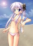  1girl beach bikini blue_eyes blush female hiiragi_kagami lens_flare long_hair lucky_star navel outdoors pink_bikini purple_hair sand shinjou_ryou side-tie_bikini sky solo swimsuit thigh_gap tsurime water 