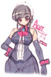  1girl akatsuki_alut bare_shoulders black_hair breasts cuff_links curvy elbow_gloves gloves halterneck hips impossible_clothes large_breasts maid maid_headdress mel/a original red_eyes short_hair sketch smile solo wide_hips 