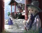  3girls broom cis_(carcharias) dappled_sunlight female finger_to_mouth floating hat kochiya_sanae moriya_suwako multiple_girls rope shide shimenawa shrine smile squatting sunlight torii touhou tree_shade yasaka_kanako 