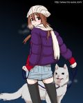  1girl black_legwear breath brown_eyes brown_hair collar dog hat jacket leash long_hair mattaku_mousuke original pencil_skirt scarf simple_background skirt solo thigh-highs 