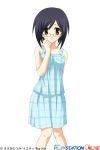  1girl black_eyes black_hair blue_dress blush cowboy_shot dress glasses hand_on_own_cheek looking_at_viewer myself_yourself oribe_aoi simple_background sleeveless sleeveless_dress solo standing sundress text white_background 
