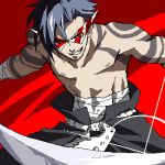  1boy bandage blue_hair bodypaint glasses grin kamina kamina_shades lowres male_focus oekaki sarashi shirtless smile solo sword tengen_toppa_gurren_lagann topless weapon 