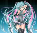  1girl armpits hatsune_miku long_hair microphone noritama_(gozen) panties solo thigh-highs twintails underwear very_long_hair vocaloid wink 