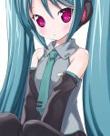  1girl aqua_hair aqua_necktie collared_shirt detached_sleeves grey_shirt hatsune_miku kiira long_hair long_sleeves looking_at_viewer lowres necktie shirt simple_background solo twintails very_long_hair violet_eyes vocaloid white_background 