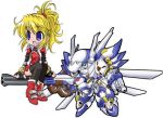  1girl :d banpresto black_legwear blonde_hair blue_eyes chibi excellen_browning full_body jacket machinery mecha open_mouth pantyhose red_jacket short_hair simple_background sitting smile super_robot_wars weissritter white_background 