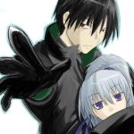  1boy 1girl 36 black_gloves black_hair closed_mouth covered_mouth darker_than_black expressionless gloves hair_between_eyes hei long_sleeves outstretched_arm ponytail red_eyes silver_hair simple_background turtleneck upper_body white_background yin 