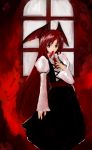  1girl adapted_costume arm_garter bat_wings dress_shirt female haru haru_(fujinomori) head_wings jewelry koakuma long_hair long_sleeves mouth_hold necktie red_eyes redhead shirt single_earring solo the_embodiment_of_scarlet_devil touhou wings 