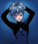  1girl :3 adjusting_hair arms_up blue_background bodysuit darker_than_black expressionless long_sleeves pink_eyes ponytail short_hair silver_hair simple_background solo yin 