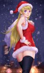  1girl ariverkao blonde_hair blue_eyes christmas city hat long_hair looking_at_viewer looking_back original sack santa_costume santa_hat sleeveless snowing solo thigh-highs 