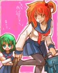  2girls alternate_costume cosmic_chicken female green_eyes green_hair inuinui lowres multiple_girls onozuka_komachi pantyhose pleated_skirt red_eyes redhead school_uniform serafuku shiki_eiki short_hair skirt sweatdrop touhou translated uniform 