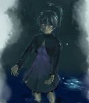  1girl darker_than_black dress long_sleeves outstretched_hand pirano ponytail silver_hair solo violet_eyes water yin 