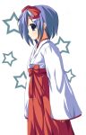  1girl blue_eyes blue_hair from_side hakama hakama_skirt hiiragi_tsukasa japanese_clothes kimono long_skirt long_sleeves lucky_star miko odaya odayan profile red_hakama red_skirt short_hair skirt solo standing wide_sleeves 