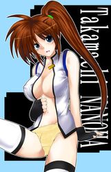  1girl blue_eyes breasts brown_hair character_name cleavage hagane_soushi lyrical_nanoha mahou_shoujo_lyrical_nanoha mahou_shoujo_lyrical_nanoha_strikers panties ponytail side_ponytail solo takamachi_nanoha thigh-highs underwear 