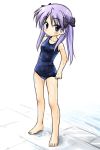  1girl barefoot blue_eyes hiiragi_kagami lucky_star masakichi_(crossroad) one-piece_swimsuit purple_hair school_swimsuit solo swimsuit wet 