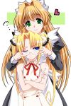 2girls ;o angry annoyed apron bare_shoulders blonde_hair blue_eyes blush crossed_arms double-breasted dress fume glasses heart height_difference kimi_ga_aruji_de_shitsuji_ga_ore_de kuonji_miyu long_sleeves looking_at_viewer maid maid_apron multiple_girls one_eye_closed otaut-r parted_lips simple_background sleeveless sleeveless_dress twintails uesugi_mihato white_background yuri 