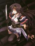  1girl brown_eyes brown_hair highres long_hair matsumoto_noriyuki ninja solo sword thigh-highs weapon 