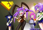  4girls bad_anatomy band bunny_girl crossover drum glasses guitar hiiragi_kagami hiiragi_tsukasa instrument izumi_konata lucky_star multiple_girls pantyhose parody poorly_drawn school_uniform suzumiya_haruhi_no_yuuutsu takara_miyuki 