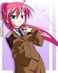  1girl :o blue_eyes brown_skirt buttons collared_shirt dress_shirt formal hand_on_own_chest long_hair long_sleeves lyrical_nanoha mahou_shoujo_lyrical_nanoha mahou_shoujo_lyrical_nanoha_strikers military military_uniform mizuno_kurage open_mouth pencil_skirt ponytail redhead shirt signum skirt solo suit uniform very_long_hair white_shirt 