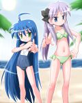  2girls :3 beach bikini flat_chest hiiragi_kagami hino_hino izumi_konata lucky_star multiple_girls name_tag one-piece_swimsuit pointing school_swimsuit swimsuit 