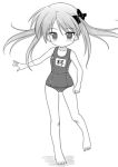  1girl barefoot hiiragi_kagami lowres lucky_star masakichi_(crossroad) monochrome one-piece_swimsuit school_swimsuit sketch solo swimsuit 