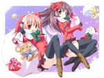  2girls ass bag black_legwear bow brown_eyes christmas gift gloves hair_bow hat highres kannagi_rei multiple_girls panties pantyshot pantyshot_(sitting) pink_hair purple_hair ribbon sack santa_costume short_hair sitting skirt snow snowing stuffed_animal stuffed_toy teddy_bear thigh-highs underwear wallpaper white_panties yellow_eyes zettai_ryouiki 