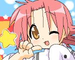  1girl ;d blush brown_eyes face finger_to_mouth kogami_akira lowres lucky_star minami_juujisei one_eye_closed open_mouth pink_hair short_hair smile solo star upper_body 