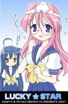  glasses izumi_konata lucky_star nekoma_kotomitsu object_on_head panties panties_on_head school_uniform serafuku takara_miyuki translated translation_request underwear 