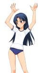  1girl a1 arms_up blue_eyes blue_hair blush buruma contrapposto gym_uniform idolmaster kisaragi_chihaya long_hair parted_lips simple_background solo standing teeth very_long_hair wavy_mouth white_background 