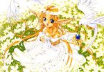  1girl blonde_hair blue_eyes dress elf flower happy long_hair monster_collection nanase_aoi pointy_ears seven_colors_of_the_wind solo 