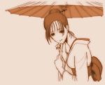  1girl japanese_clothes katou_ryouichi kimono monochrome orange_(color) oriental_umbrella solo umbrella 