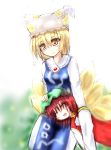  2girls animal_ears blonde_hair brown_hair cat_ears cat_tail chen closed_eyes earrings fang female fox_tail hat jewelry lap_pillow long_sleeves multiple_girls multiple_tails open_mouth pillow_hat short_hair single_earring sleeping surcoat tail tassel touhou yakumo_ran yellow_eyes 