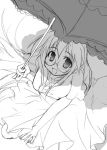  1girl :d dress from_above glasses looking_at_viewer looking_up lucky_star monochrome open_mouth puffy_short_sleeves puffy_sleeves short_sleeves sitting sketch smile solo takara_miyuki tekehiro umbrella 